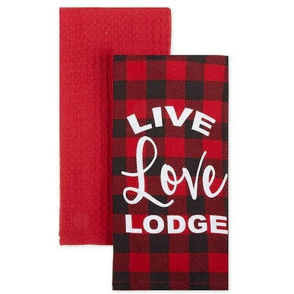 Buffalo Check Kitchen Dish Towels Live Love Lodge Red Black Rustic Set of 2